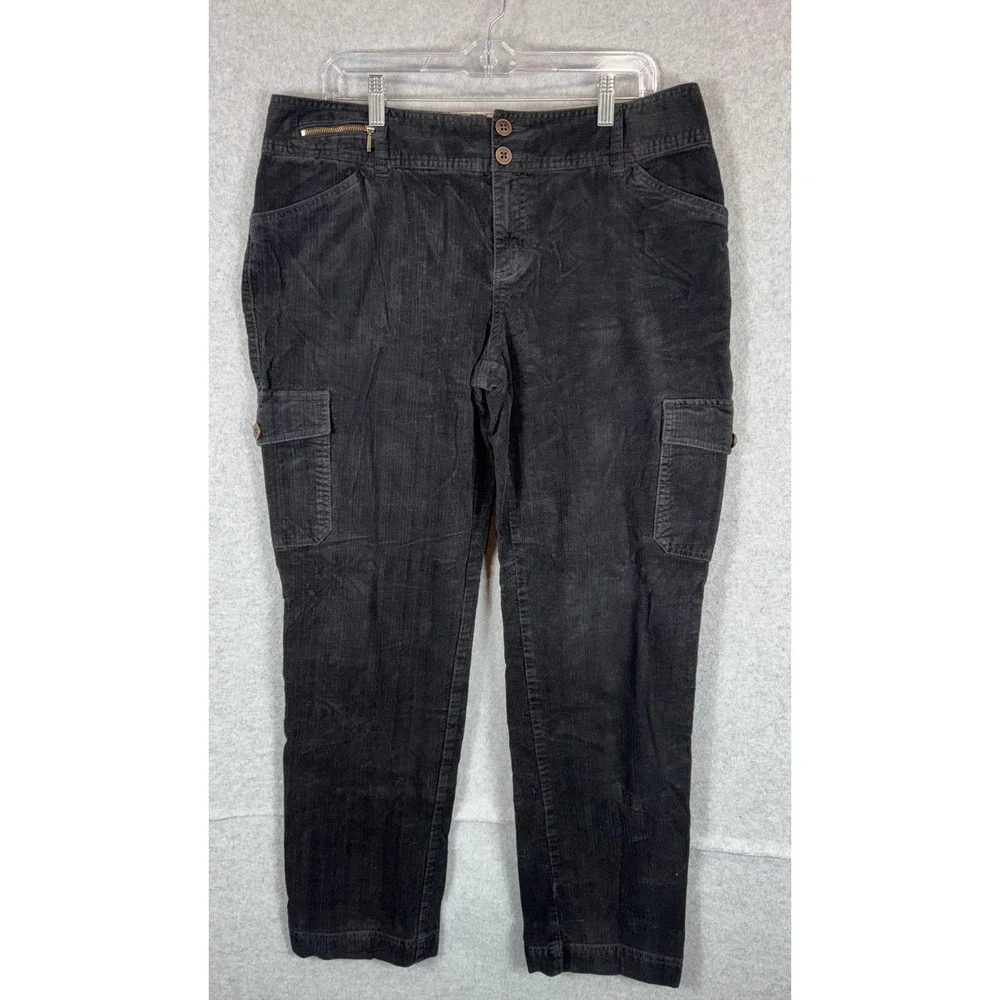 Woolrich Pants Womens 14 Black Corduroy Cargo Pocket Stretch Casual Button Fly